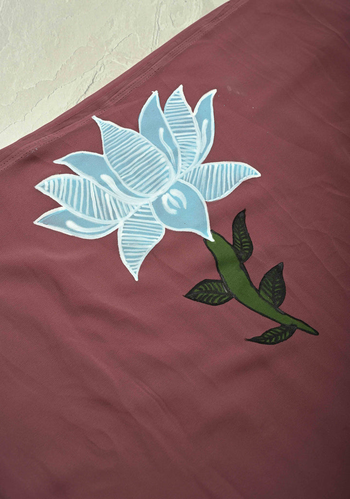 Dusty Mauve Shimmer Georgette Saree with Lotus Hand Painting on Pallu, No Blouse Piece | SHOBITAM