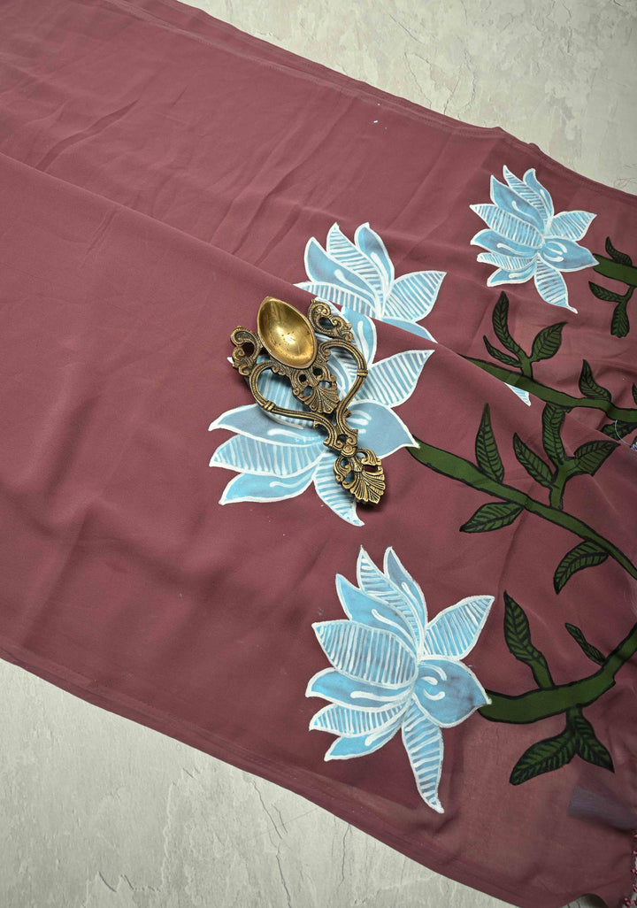 Dusty Mauve Shimmer Georgette Saree with Lotus Hand Painting on Pallu, No Blouse Piece | SHOBITAM