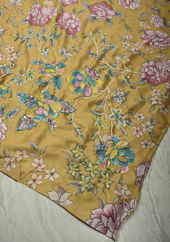 Matte Yellow Satin Silk Saree with Floral digital Print, Sequins, Cutdana and Hand Embroidery