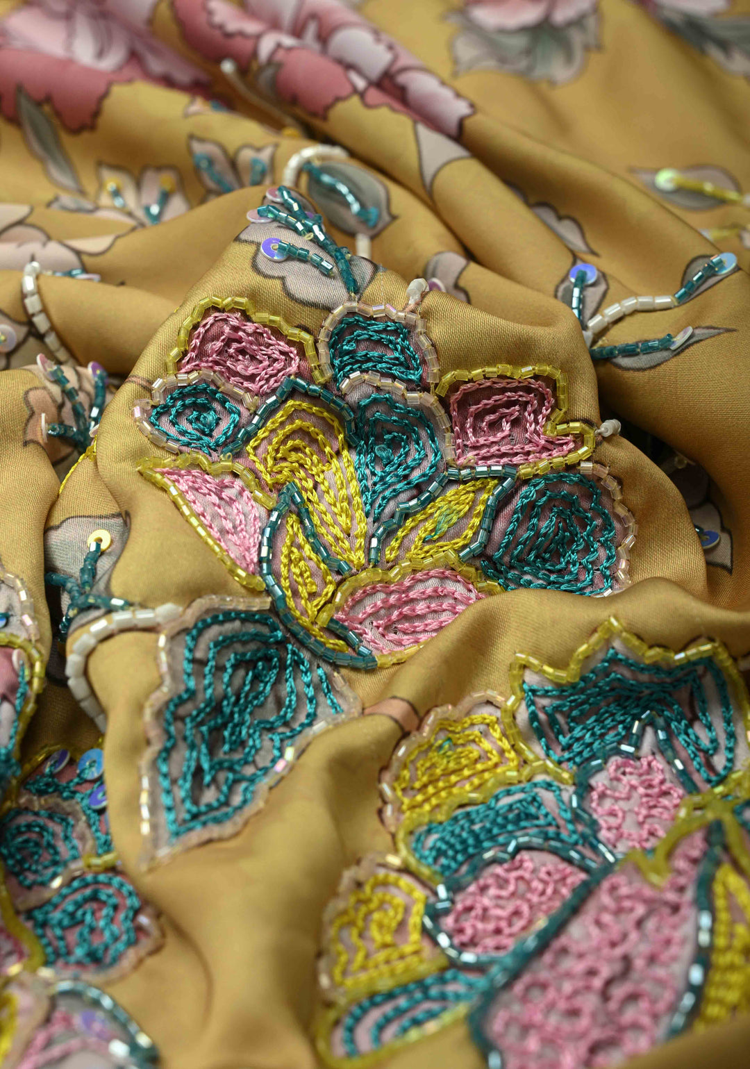 Matte Yellow Satin Silk Saree with Floral digital Print, Sequins, Cutdana and Hand Embroidery