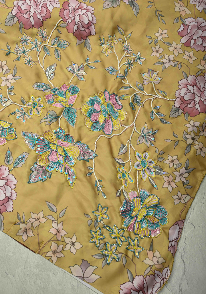 Matte Yellow Satin Silk Saree with Floral digital Print, Sequins, Cutdana and Hand Embroidery
