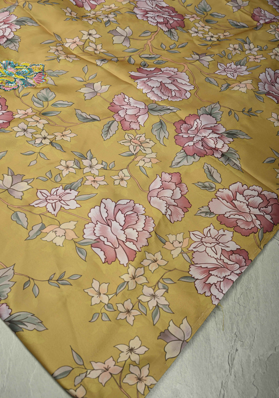 Matte Yellow Satin Silk Saree with Floral digital Print, Sequins, Cutdana and Hand Embroidery