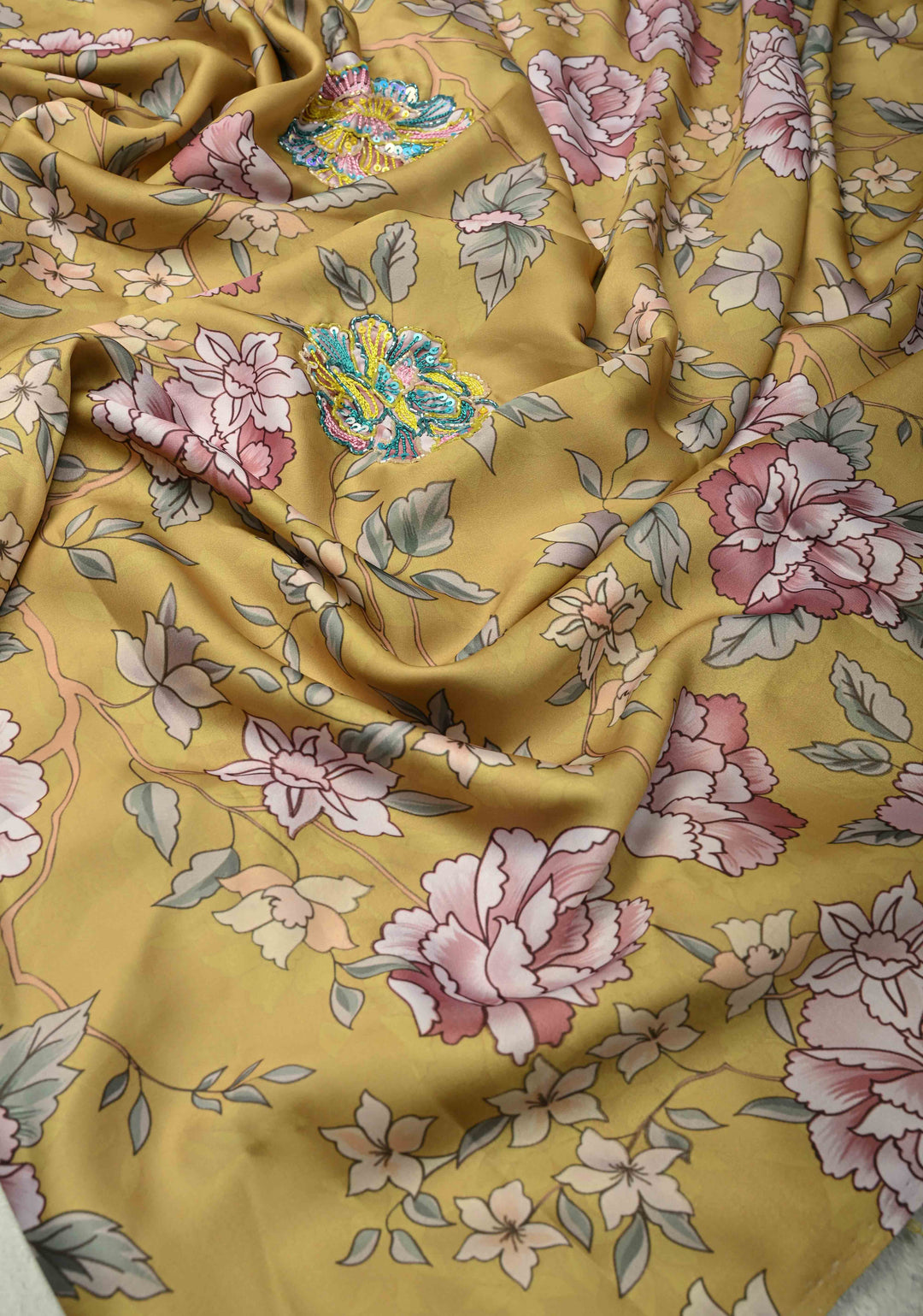 Matte Yellow Satin Silk Saree with Floral digital Print, Sequins, Cutdana and Hand Embroidery