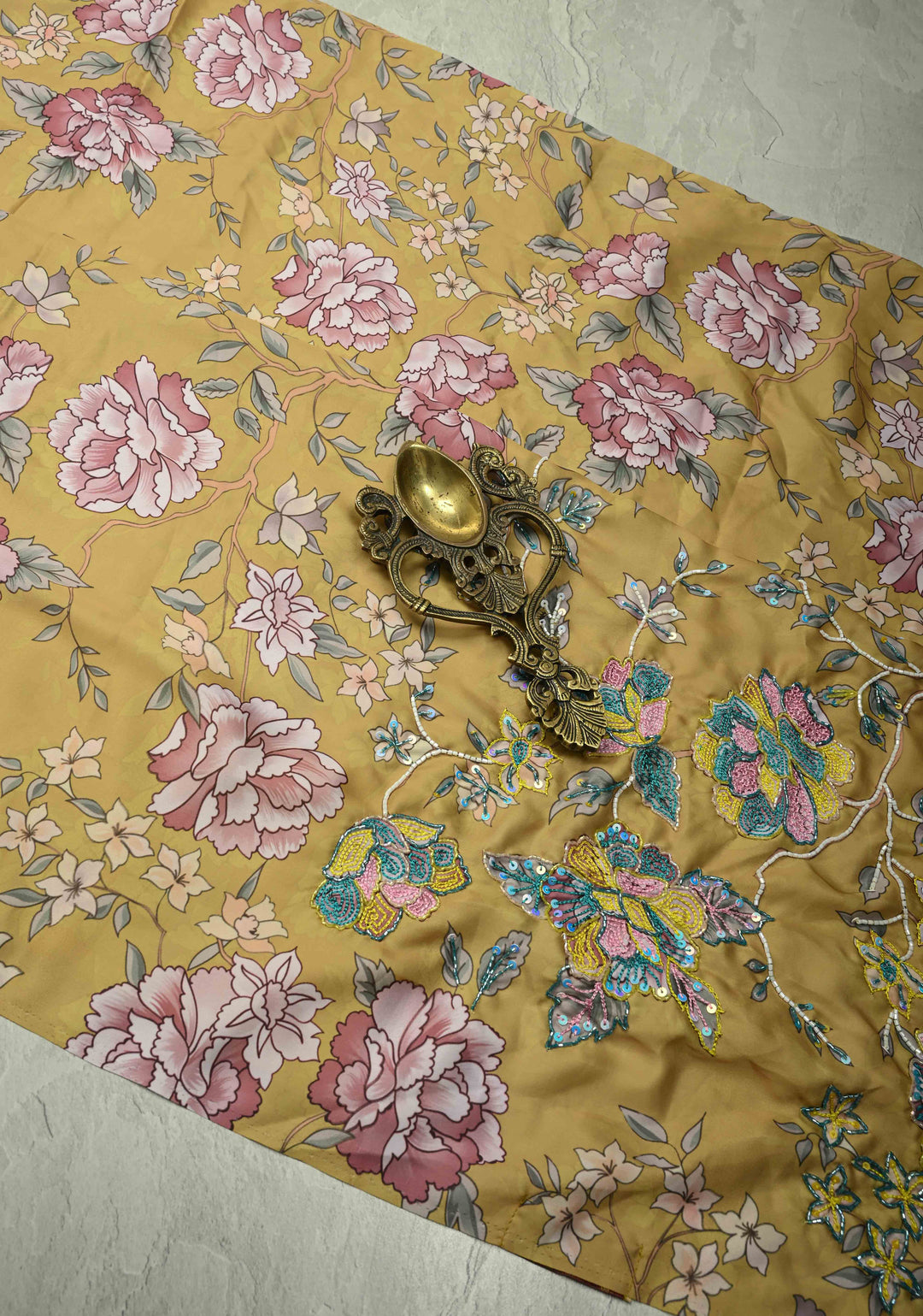 Matte Yellow Satin Silk Saree with Floral digital Print, Sequins, Cutdana and Hand Embroidery