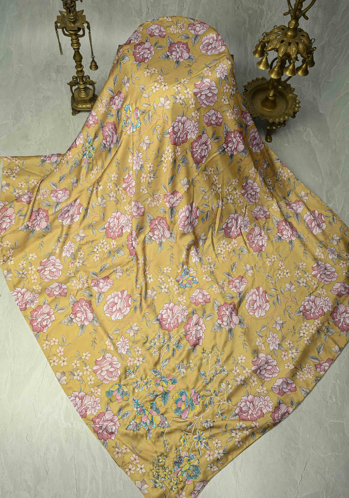 Matte Yellow Satin Silk Saree with Floral digital Print, Sequins, Cutdana and Hand Embroidery