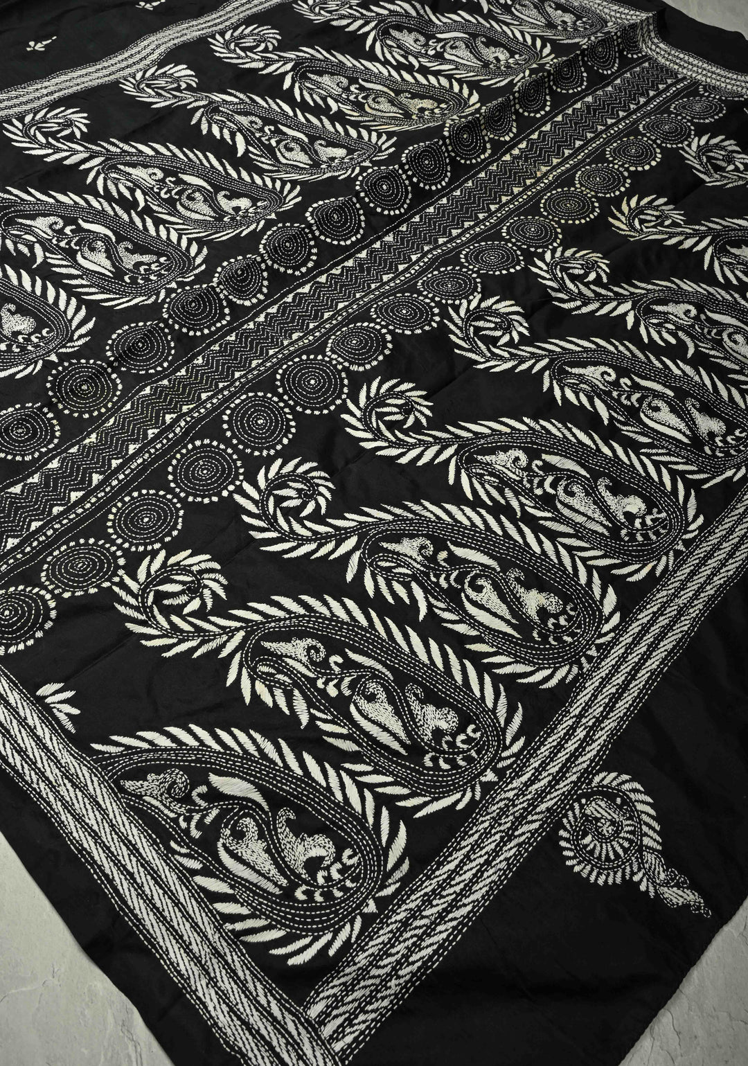 Black Art Silk Saree with Kantha Hand Embroidery