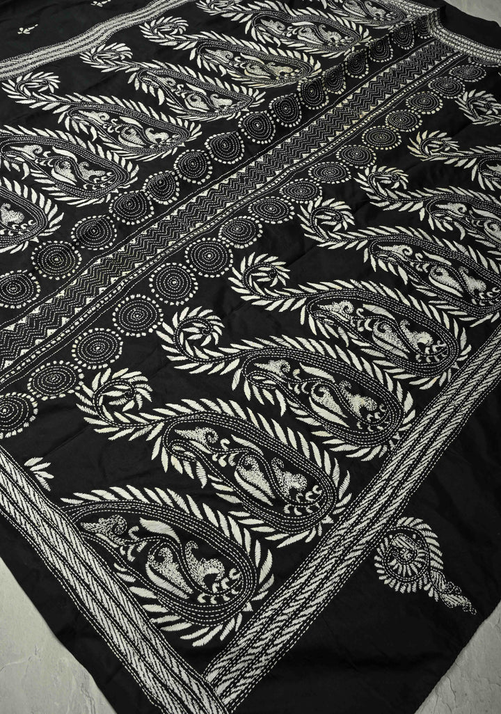 Black Art Silk Saree with Kantha Hand Embroidery