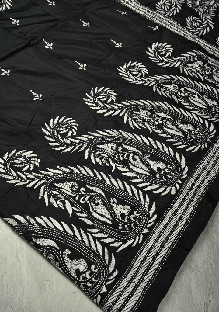 Black Art Silk Saree with Kantha Hand Embroidery