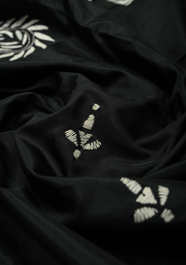 Black Art Silk Saree with Kantha Hand Embroidery