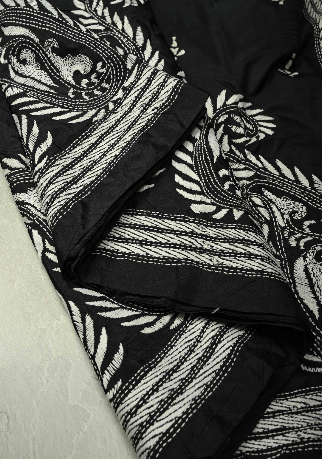 Black Art Silk Saree with Kantha Hand Embroidery