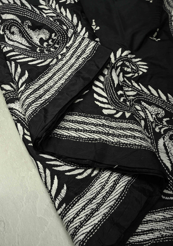 Black Art Silk Saree with Kantha Hand Embroidery