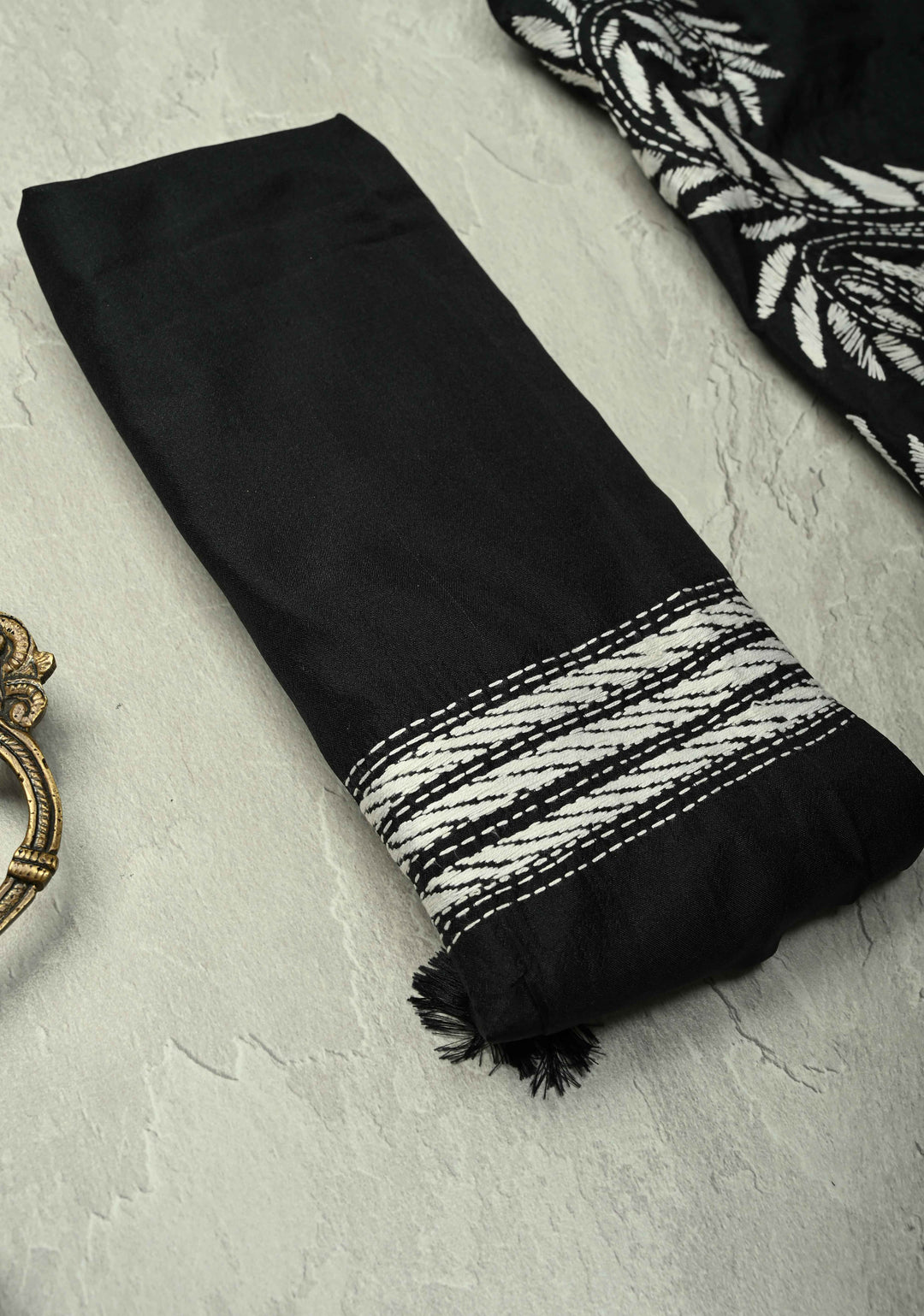 Black Art Silk Saree with Kantha Hand Embroidery