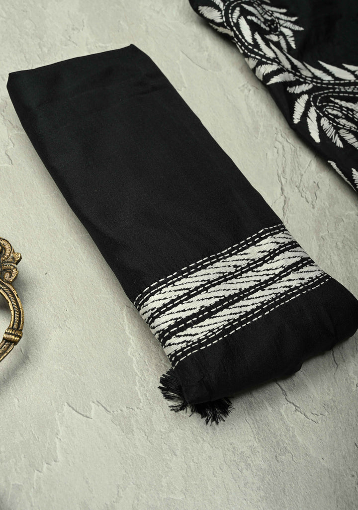 Black Art Silk Saree with Kantha Hand Embroidery