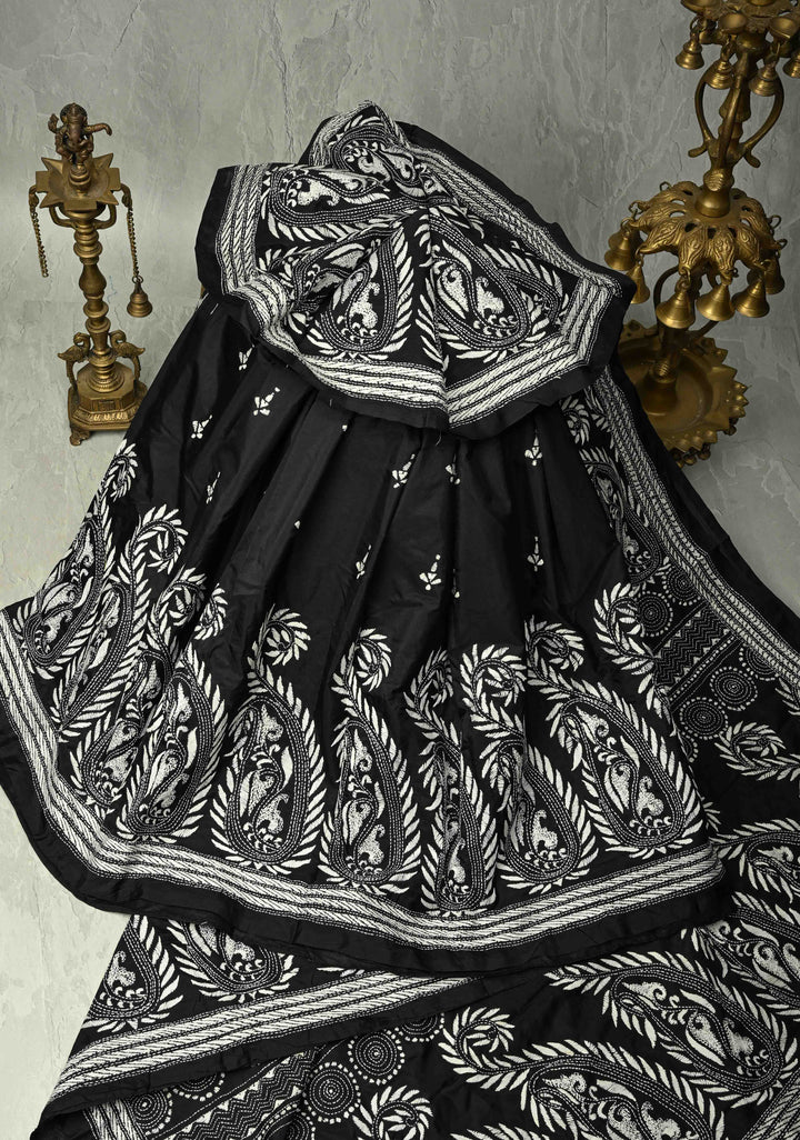 Black Art Silk Saree with Kantha Hand Embroidery
