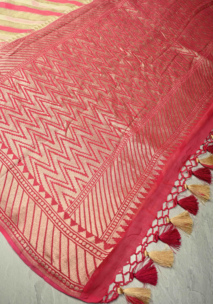 Cream-Pink- Banarasi Georgette Silk Saree with Chevron Patterns and Zari Border | SILK MARK CERTIFIED