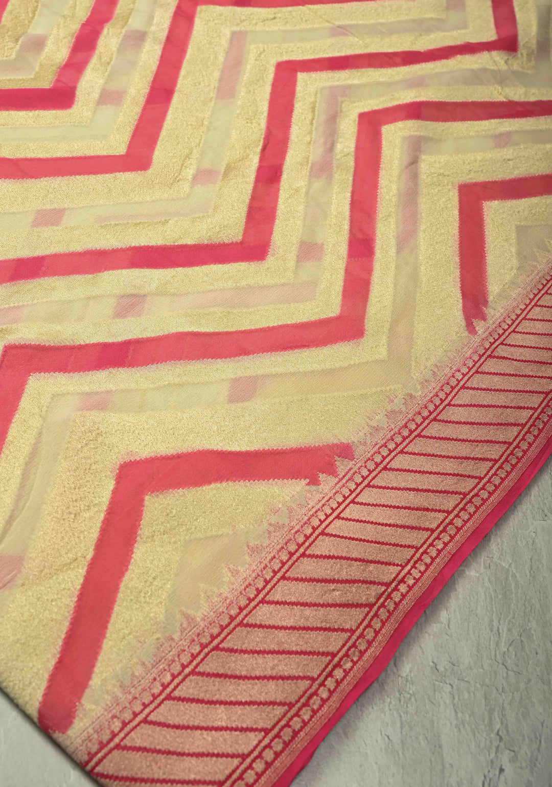 Cream-Pink- Banarasi Georgette Silk Saree with Chevron Patterns and Zari Border | SILK MARK CERTIFIED