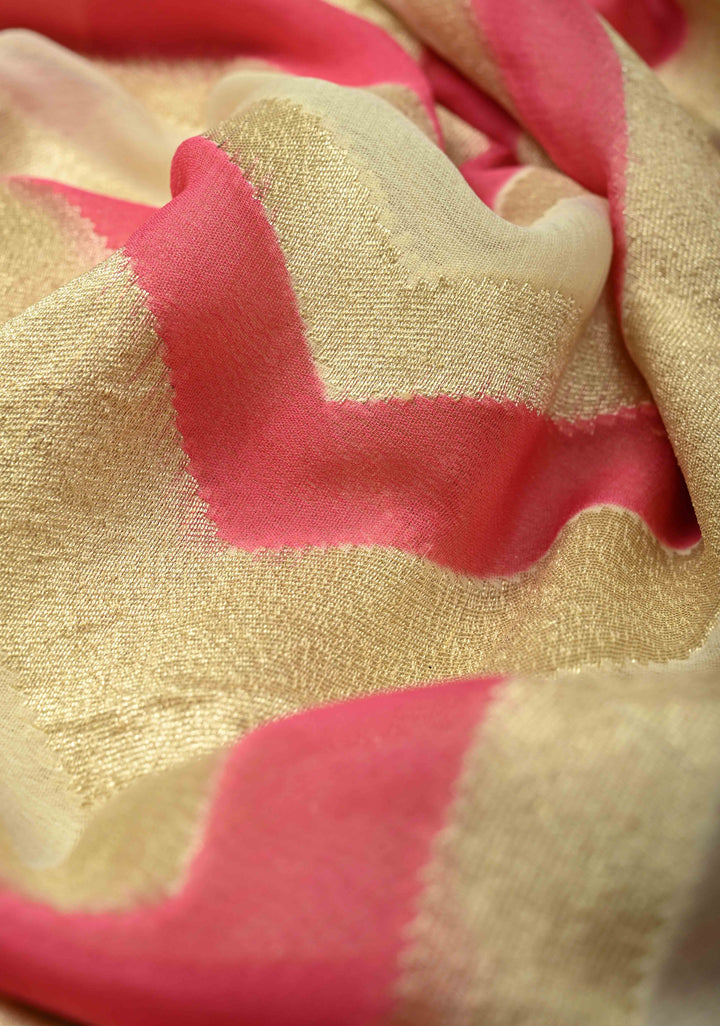 Cream-Pink- Banarasi Georgette Silk Saree with Chevron Patterns and Zari Border | SILK MARK CERTIFIED