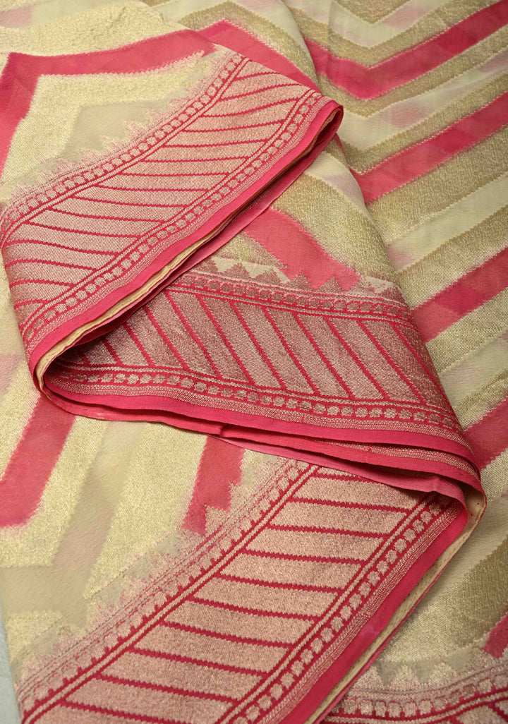 Cream-Pink- Banarasi Georgette Silk Saree with Chevron Patterns and Zari Border | SILK MARK CERTIFIED