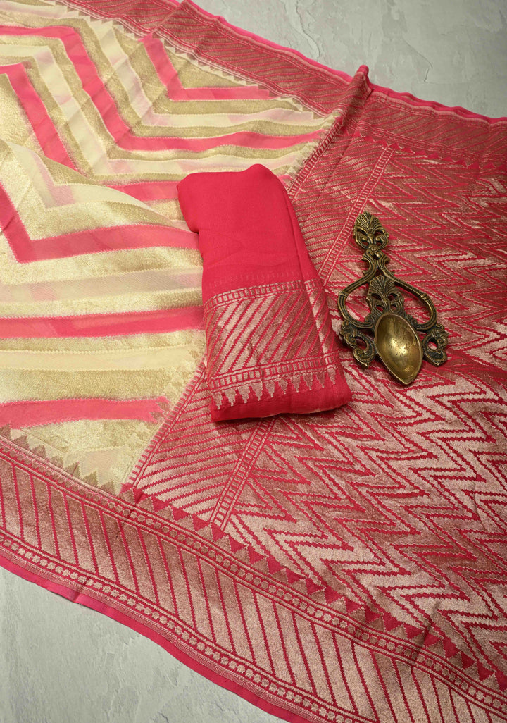 Cream-Pink- Banarasi Georgette Silk Saree with Chevron Patterns and Zari Border | SILK MARK CERTIFIED