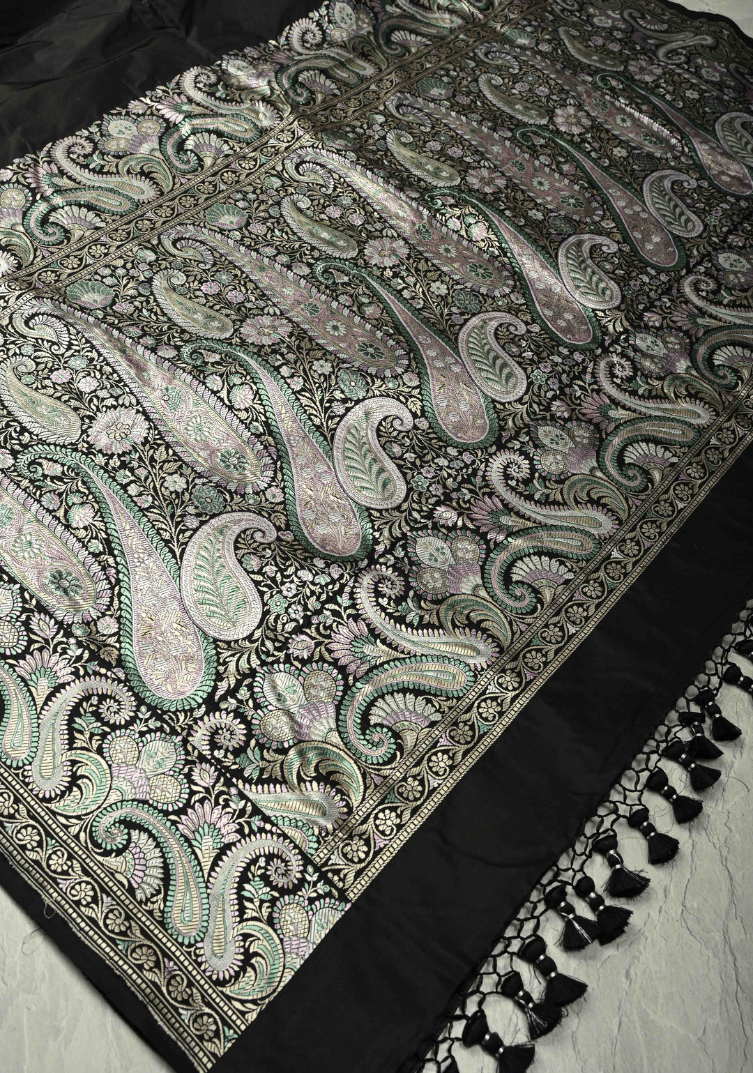 Black Banarasi Katan Silk Saree with Meenakari Pashmina Design on Pallu and Border  | SILK MARK CERTIFIED