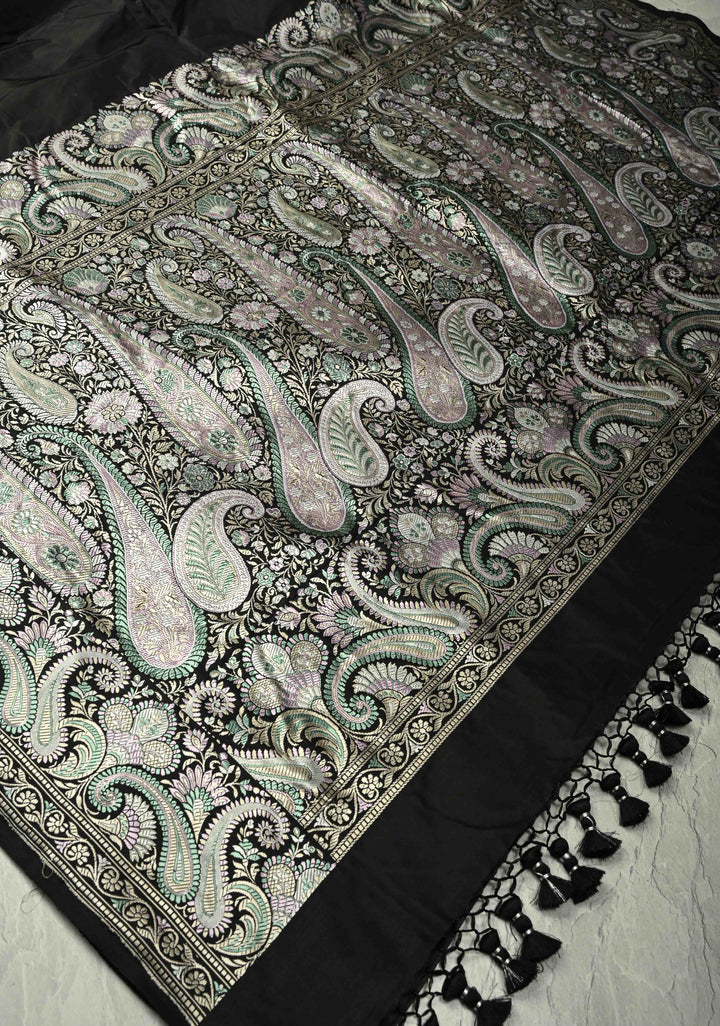 Black Banarasi Katan Silk Saree with Meenakari Pashmina Design on Pallu and Border  | SILK MARK CERTIFIED
