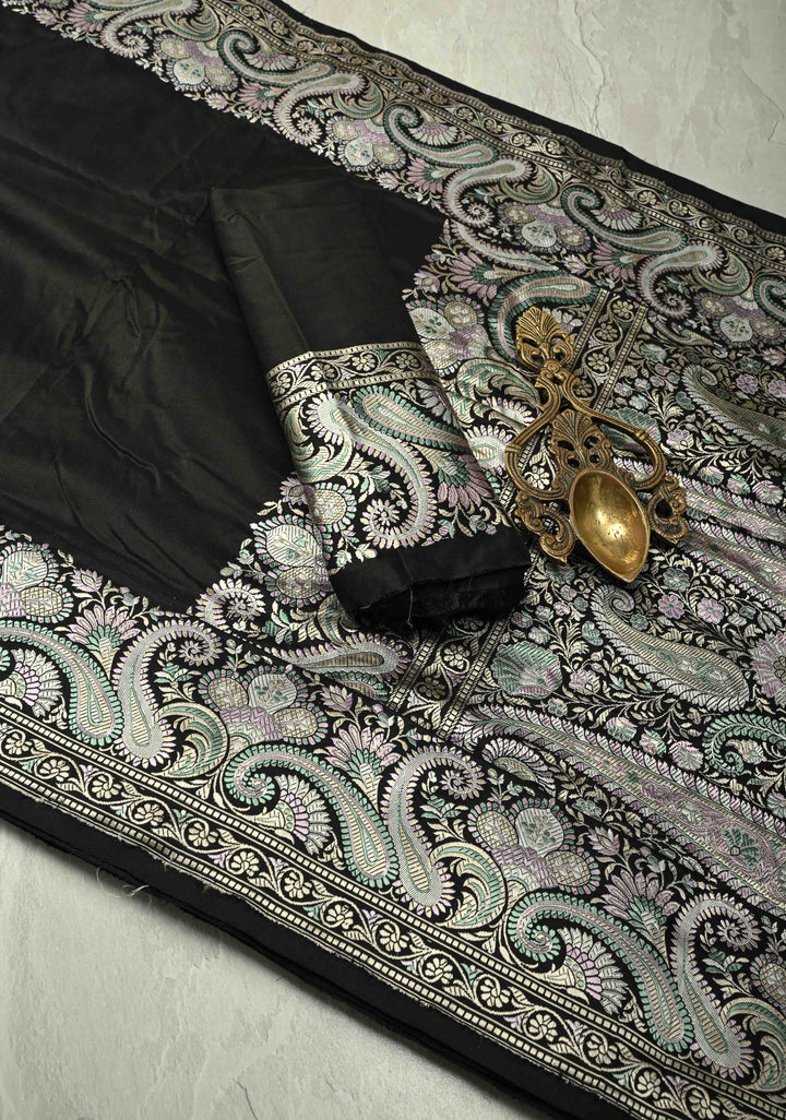 Black Banarasi Katan Silk Saree with Meenakari Pashmina Design on Pallu and Border  | SILK MARK CERTIFIED