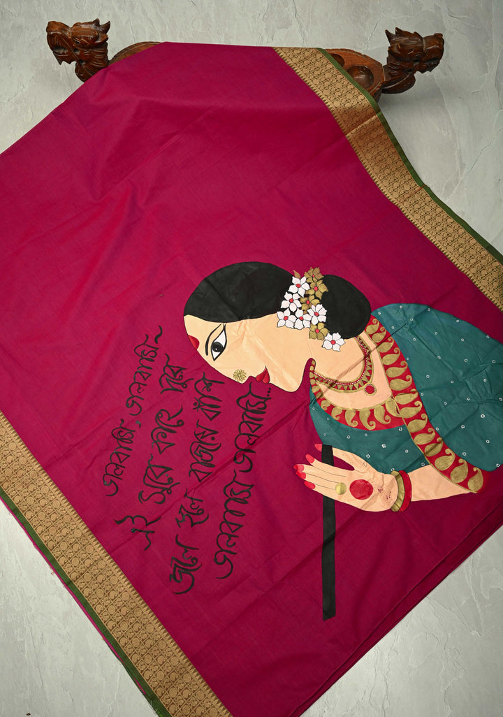 Dark Fushia Chettinad Cotton Saree with Bengali Script and Lady Handpainting on Pallu, No Blouse Piece