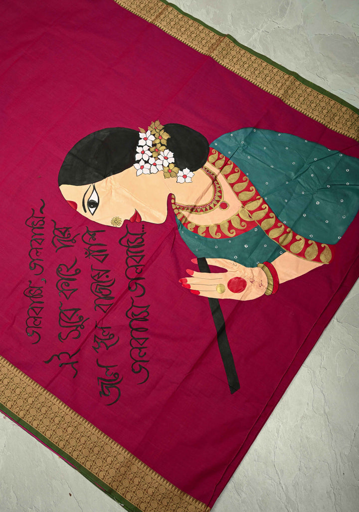 Dark Fushia Chettinad Cotton Saree with Bengali Script and Lady Handpainting on Pallu, No Blouse Piece