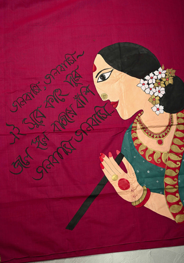 Dark Fushia Chettinad Cotton Saree with Bengali Script and Lady Handpainting on Pallu, No Blouse Piece