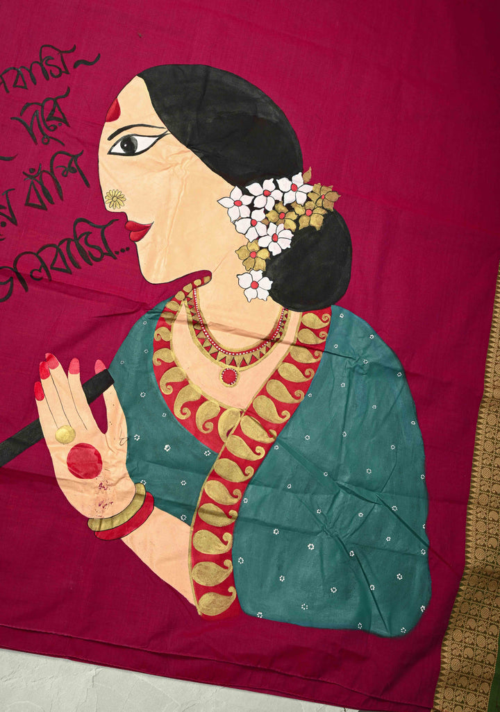 Dark Fushia Chettinad Cotton Saree with Bengali Script and Lady Handpainting on Pallu, No Blouse Piece