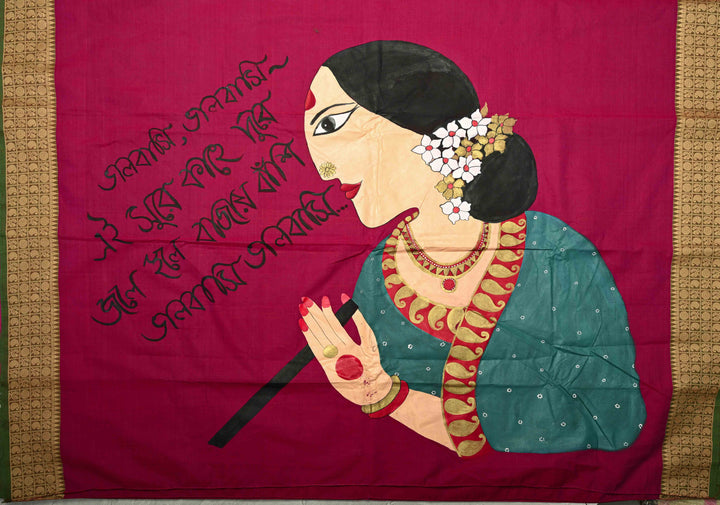 Dark Fushia Chettinad Cotton Saree with Bengali Script and Lady Handpainting on Pallu, No Blouse Piece
