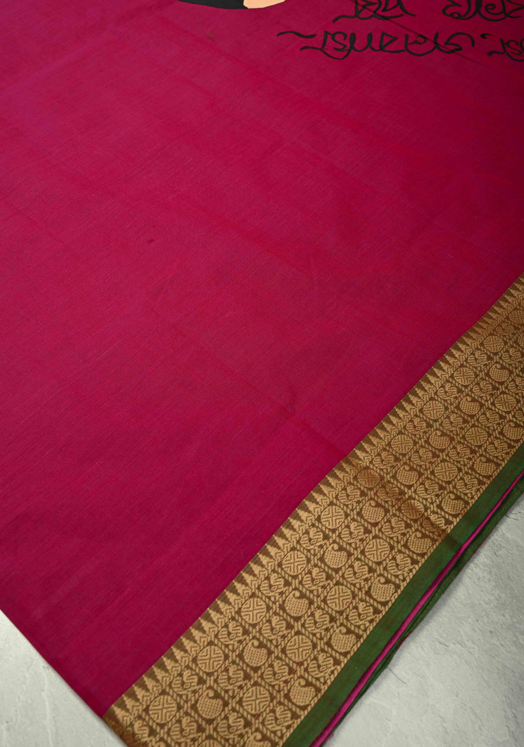 Dark Fushia Chettinad Cotton Saree with Bengali Script and Lady Handpainting on Pallu, No Blouse Piece