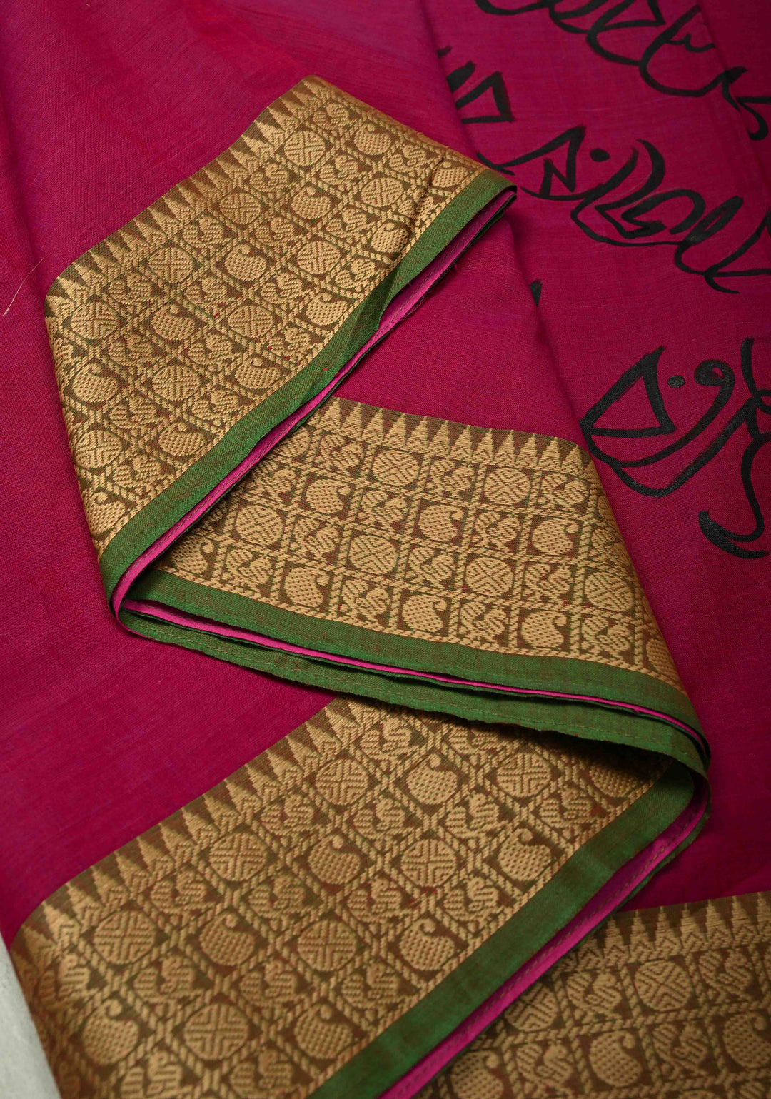 Dark Fushia Chettinad Cotton Saree with Bengali Script and Lady Handpainting on Pallu, No Blouse Piece