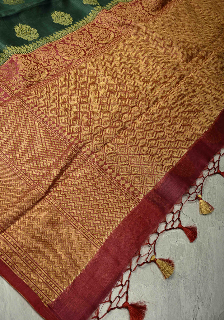 Forest Green Banarasi Linen Saree with Zari Buttas and Contrast Zari Border