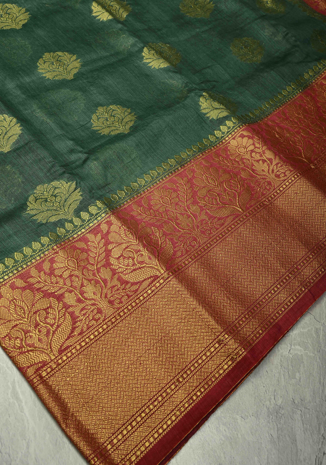 Forest Green Banarasi Linen Saree with Zari Buttas and Contrast Zari Border