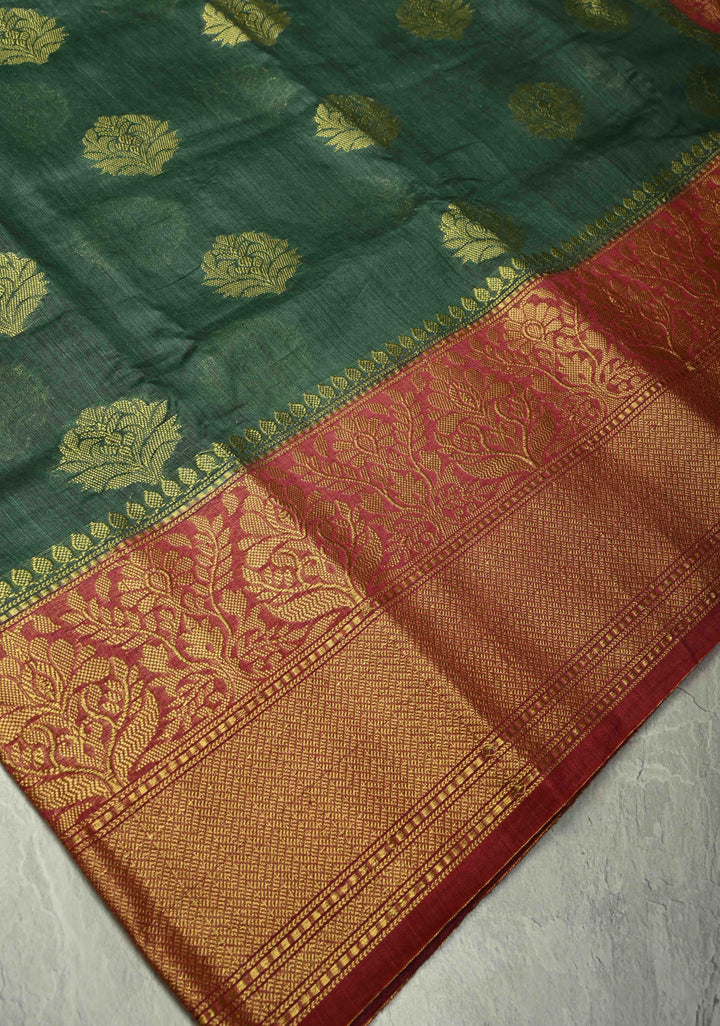 Forest Green Banarasi Linen Saree with Zari Buttas and Contrast Zari Border