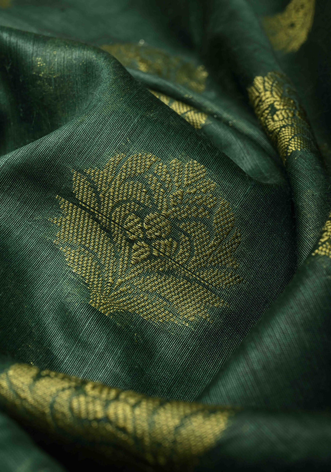 Forest Green Banarasi Linen Saree with Zari Buttas and Contrast Zari Border