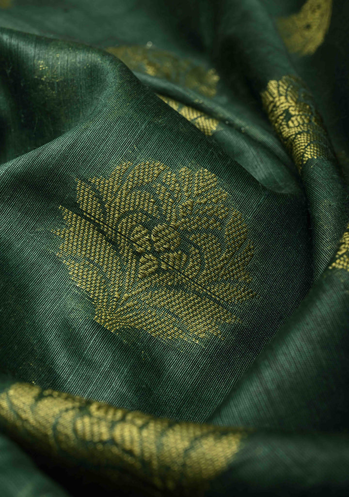 Forest Green Banarasi Linen Saree with Zari Buttas and Contrast Zari Border