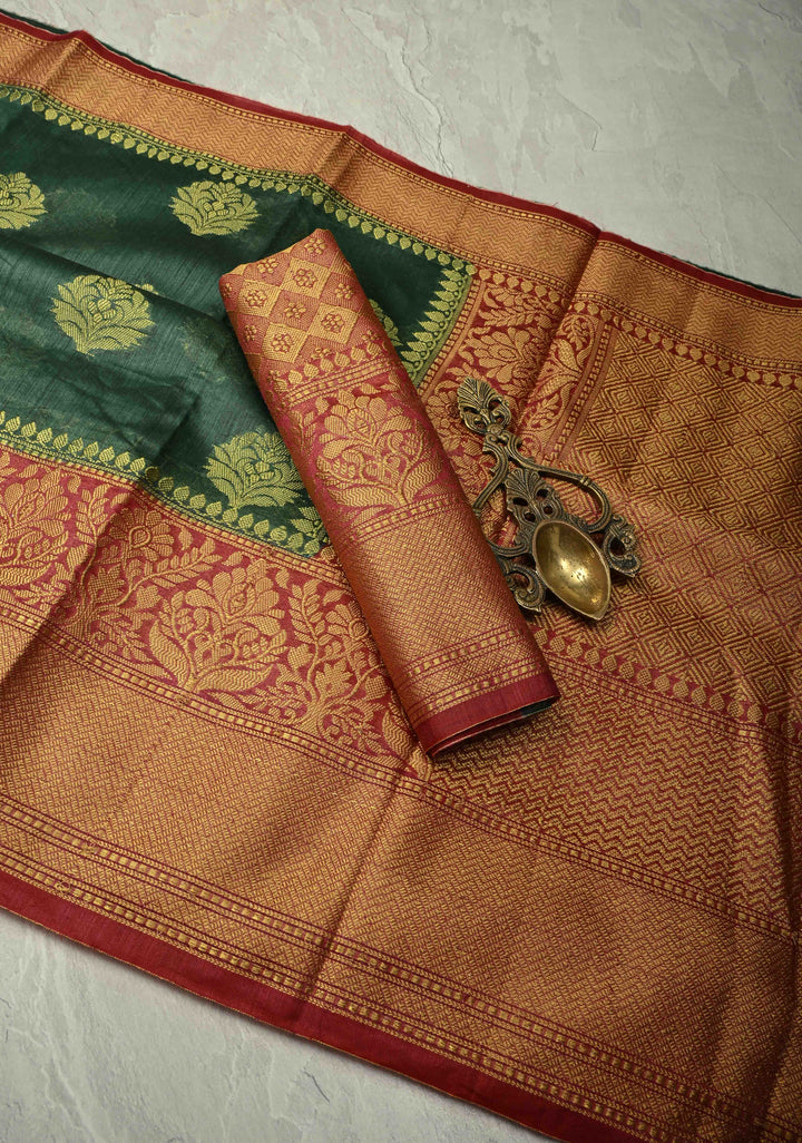 Forest Green Banarasi Linen Saree with Zari Buttas and Contrast Zari Border