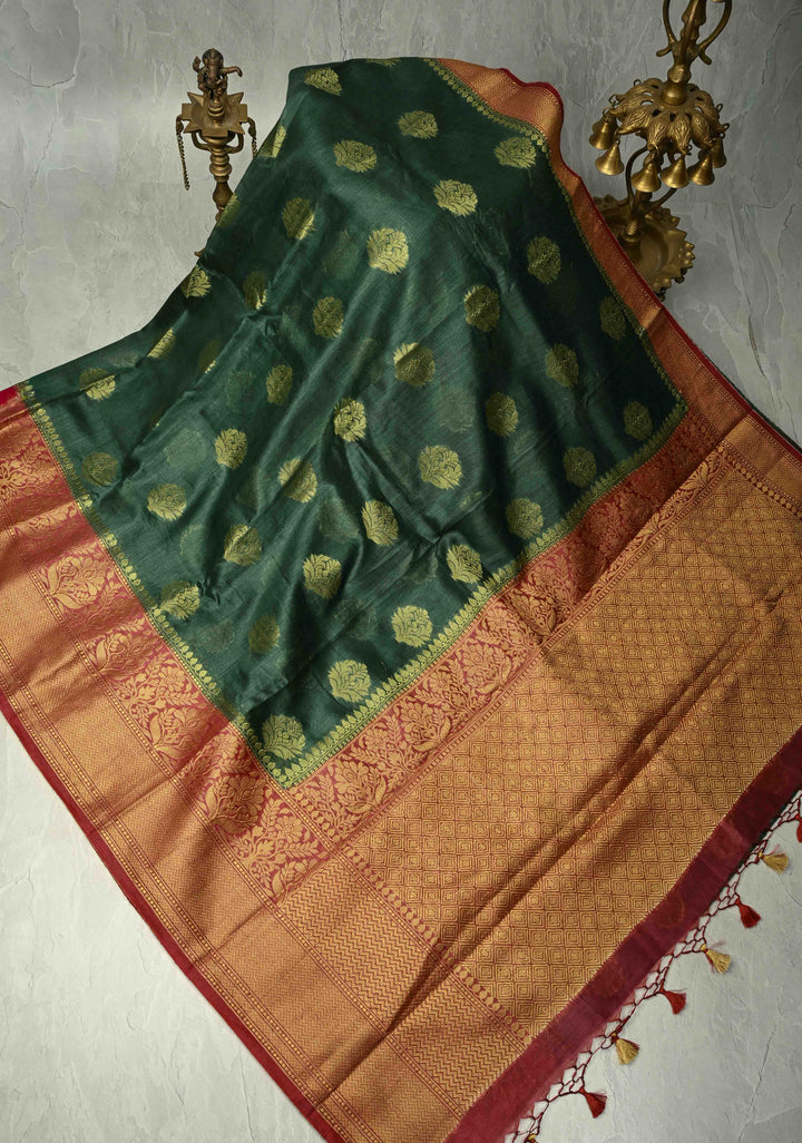 Forest Green Banarasi Linen Saree with Zari Buttas and Contrast Zari Border