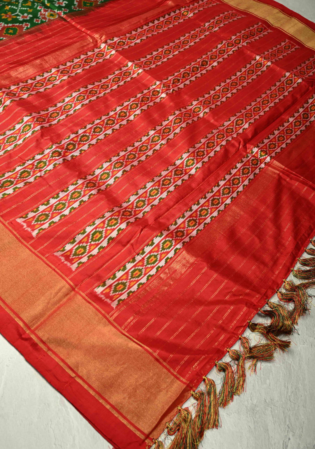 Bottle Green Pochampally Ikkat Pure Silk Saree with Geometric Design and Tissue Zari Border | SILK MARK CERTIFIED