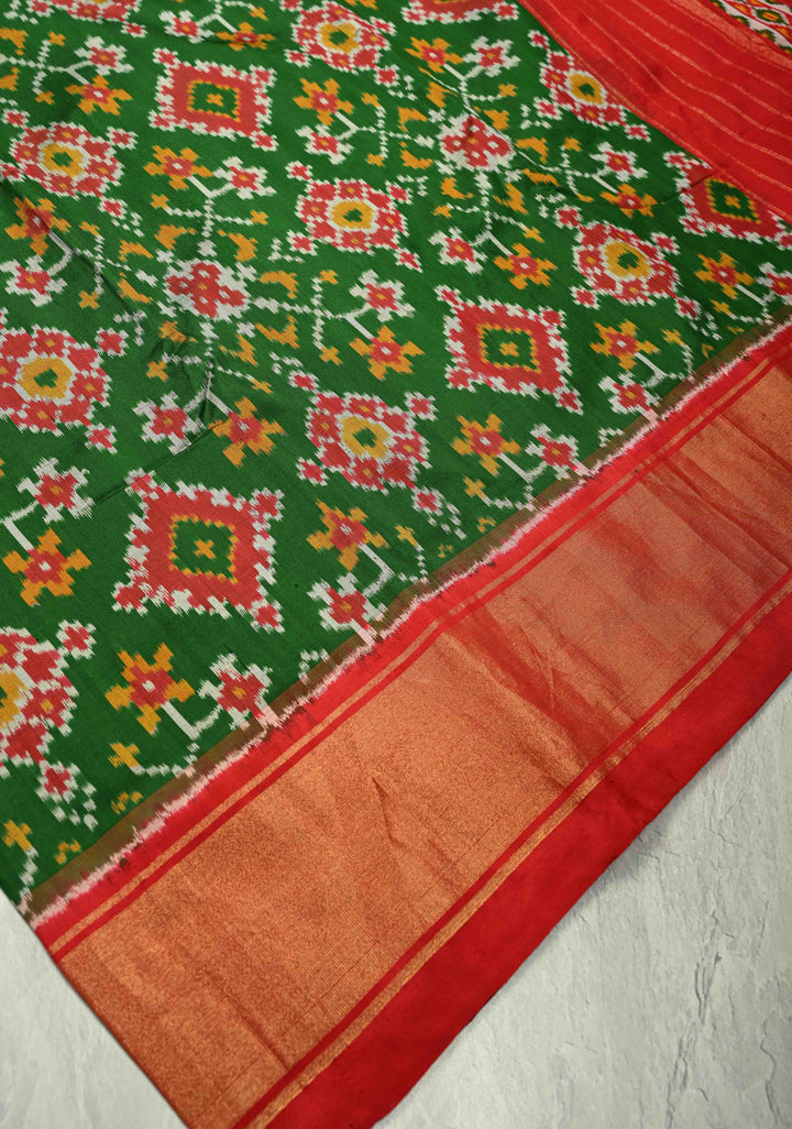 Bottle Green Pochampally Ikkat Pure Silk Saree with Geometric Design and Tissue Zari Border | SILK MARK CERTIFIED