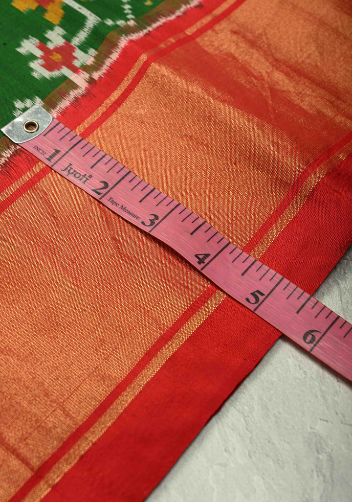 Bottle Green Pochampally Ikkat Pure Silk Saree with Geometric Design and Tissue Zari Border | SILK MARK CERTIFIED