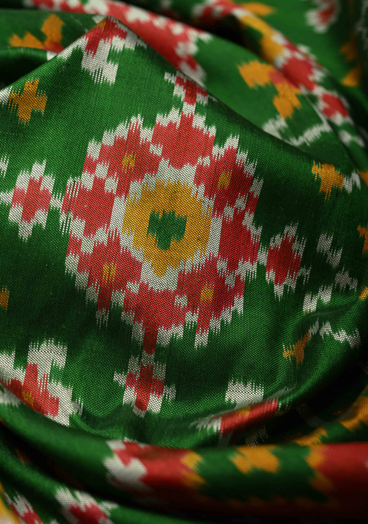 Bottle Green Pochampally Ikkat Pure Silk Saree with Geometric Design and Tissue Zari Border | SILK MARK CERTIFIED