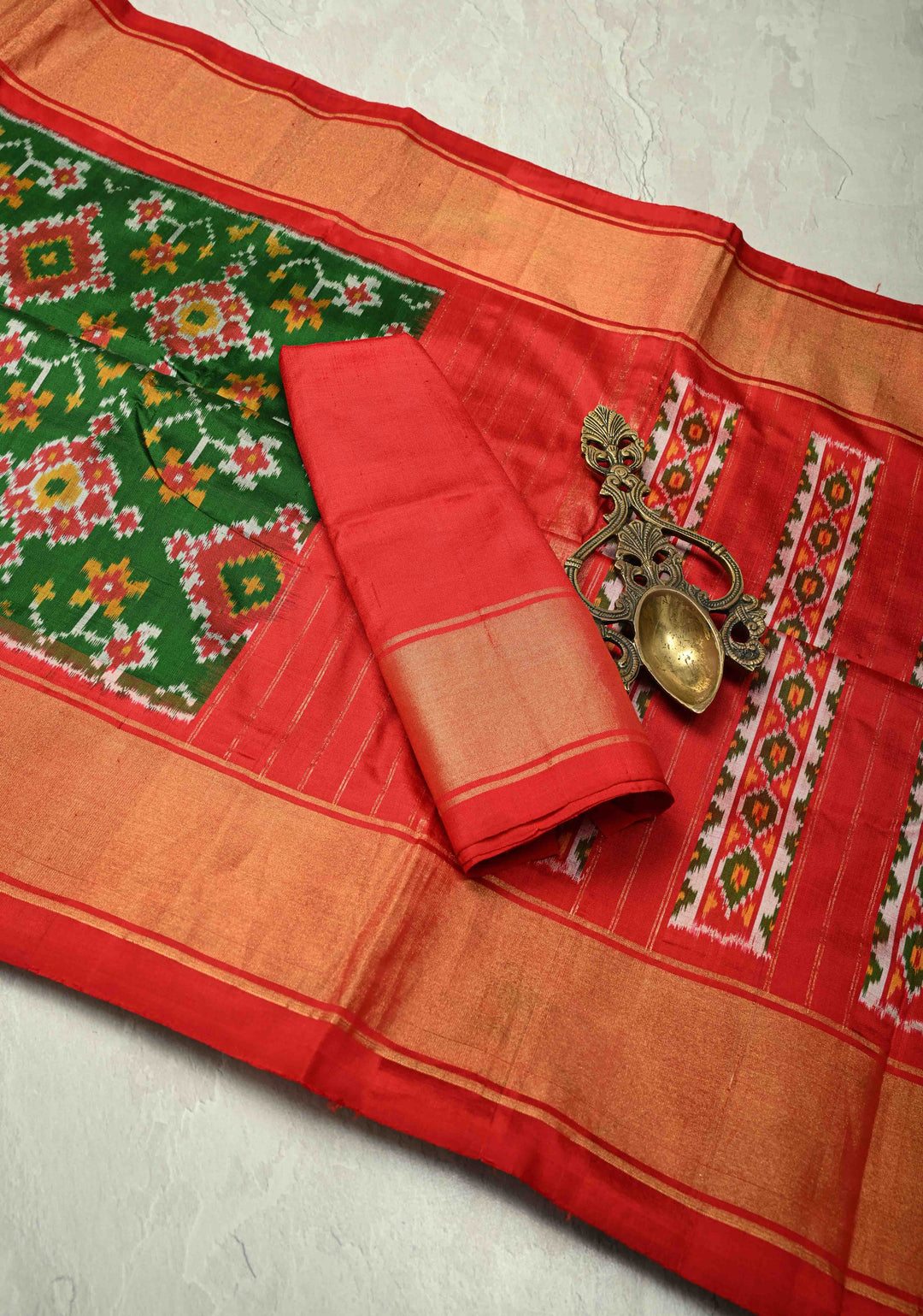 Bottle Green Pochampally Ikkat Pure Silk Saree with Geometric Design and Tissue Zari Border | SILK MARK CERTIFIED