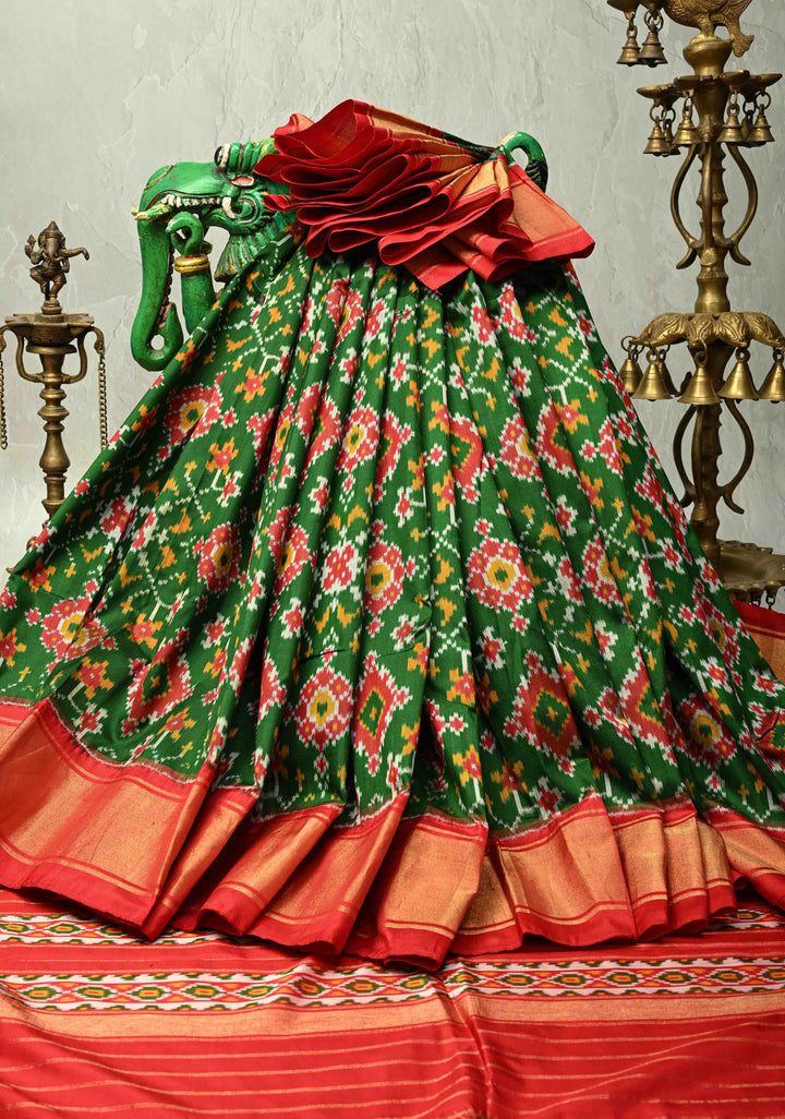 Bottle Green Pochampally Ikkat Pure Silk Saree with Geometric Design and Tissue Zari Border | SILK MARK CERTIFIED