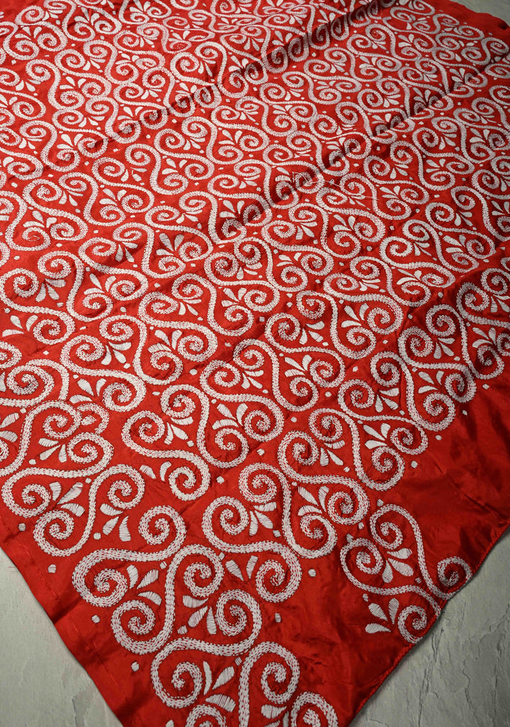 Vermilion Art Silk Saree with Kantha Hand Embroidery