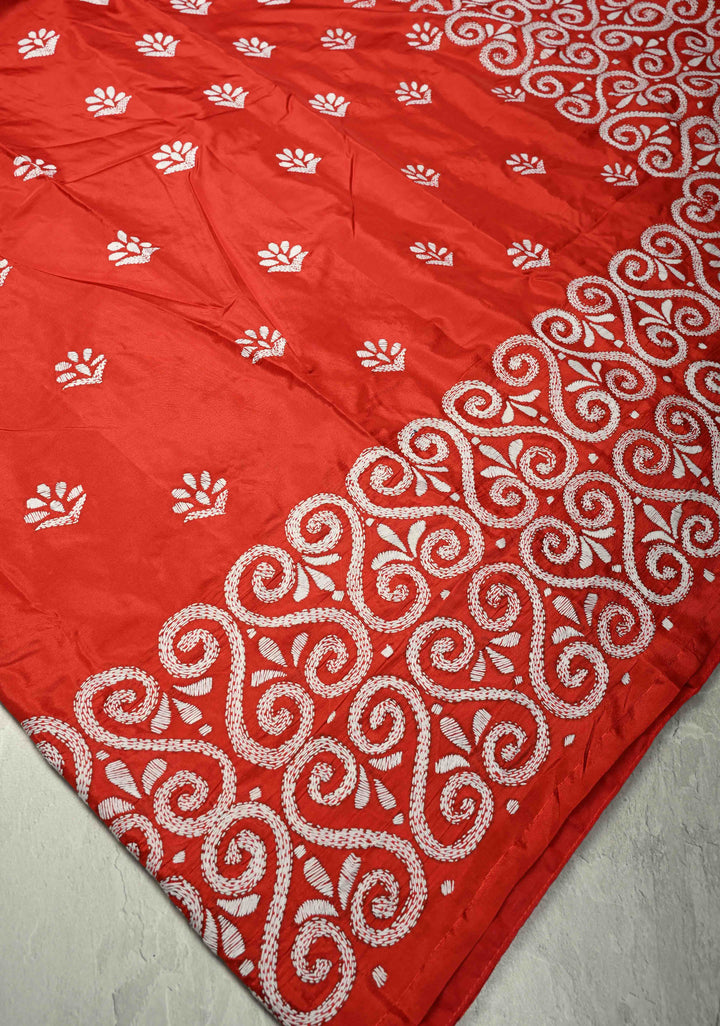Vermilion Art Silk Saree with Kantha Hand Embroidery