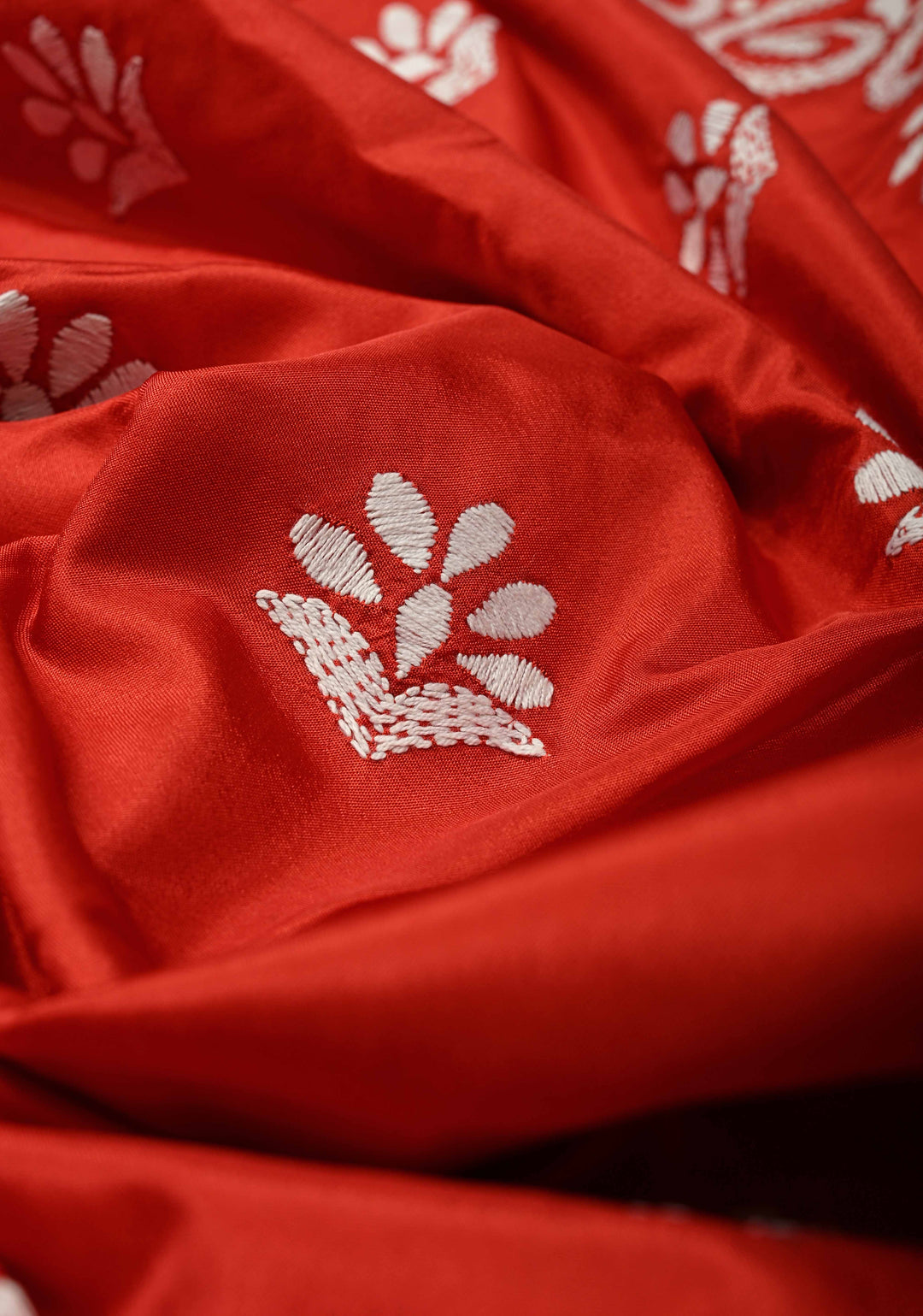 Vermilion Art Silk Saree with Kantha Hand Embroidery