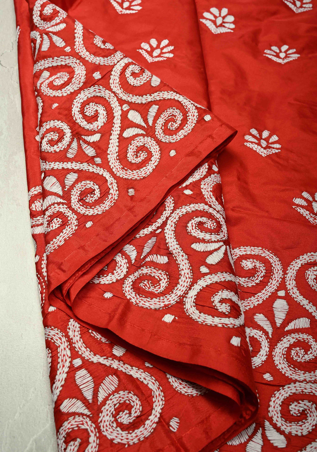 Vermilion Art Silk Saree with Kantha Hand Embroidery